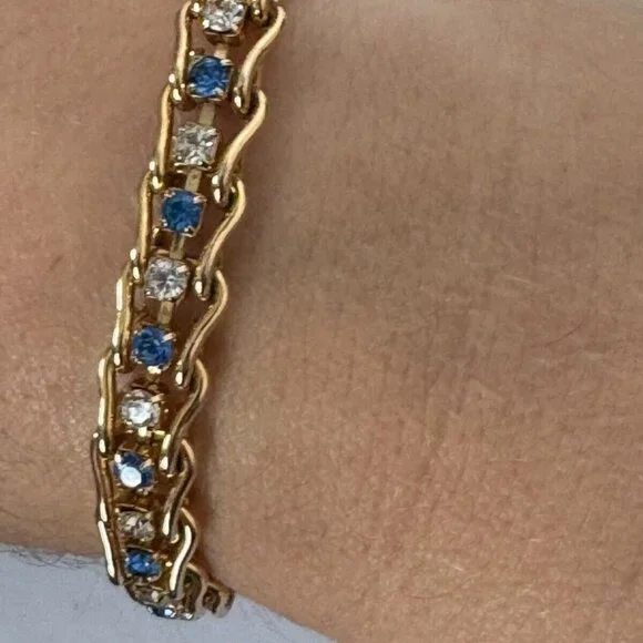 Blue White Rhinestones Tennis Bracelet Gold-Tone Fashion Jewelry - Picture 9 of 10
